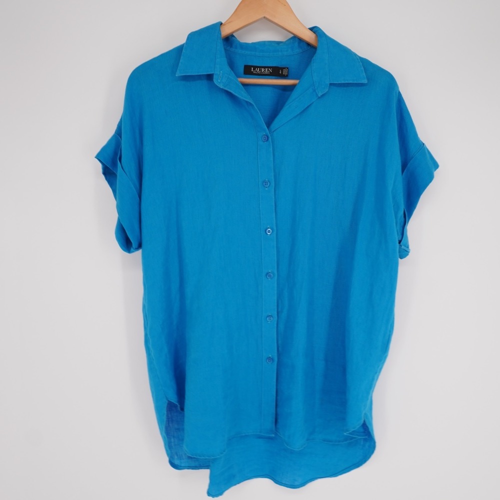Lauren Ralph Lauren 100% Linen Button Up Shirt Women L Blue Short Sleeve Classic - Picture 9 of 12